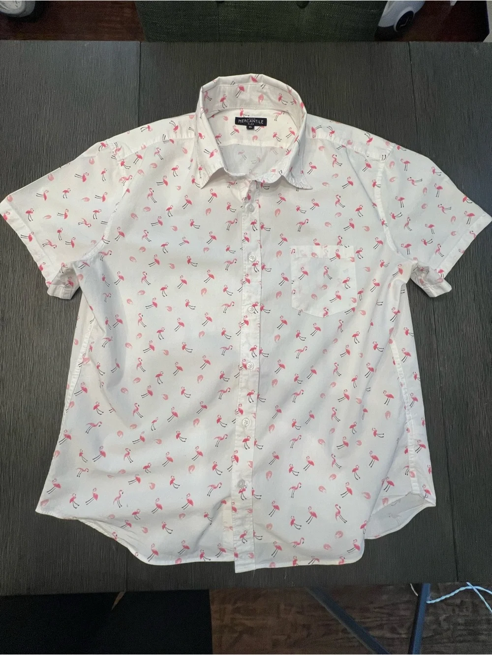 J. Crew White Short-Sleeve Button-Down with Pink Flamingo Print